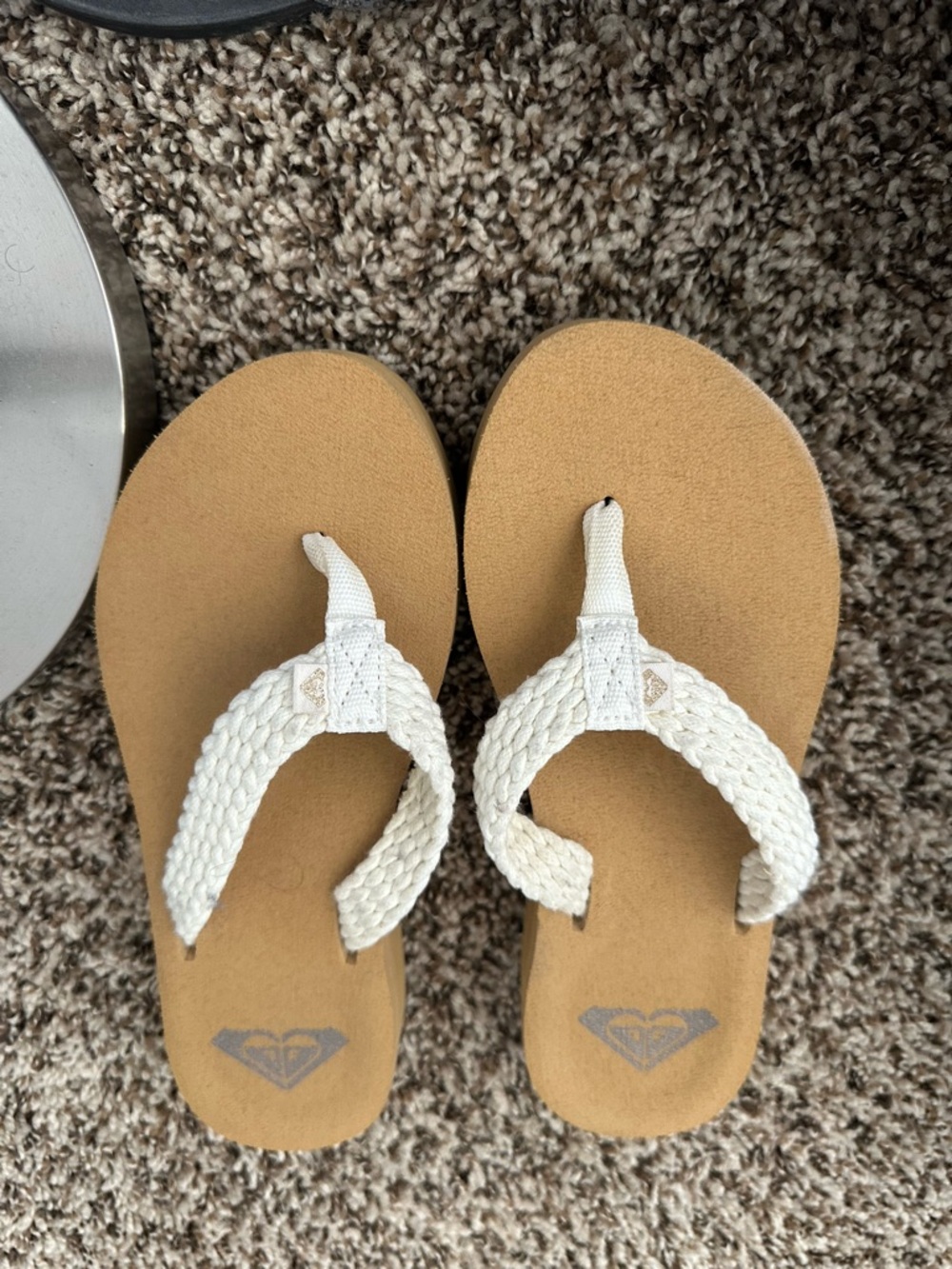 Roxy Cream Braided-strap Tan Footbed Flip Flops